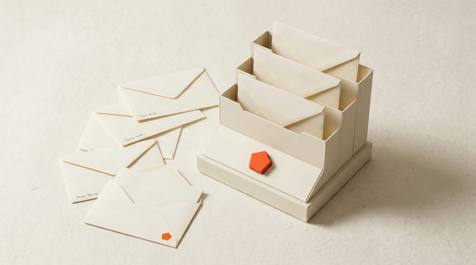 Paper-craft model of a bespoke desktop outreach apparatus with an orange pentagon button, ivory envelopes cascading beside it on cream paper