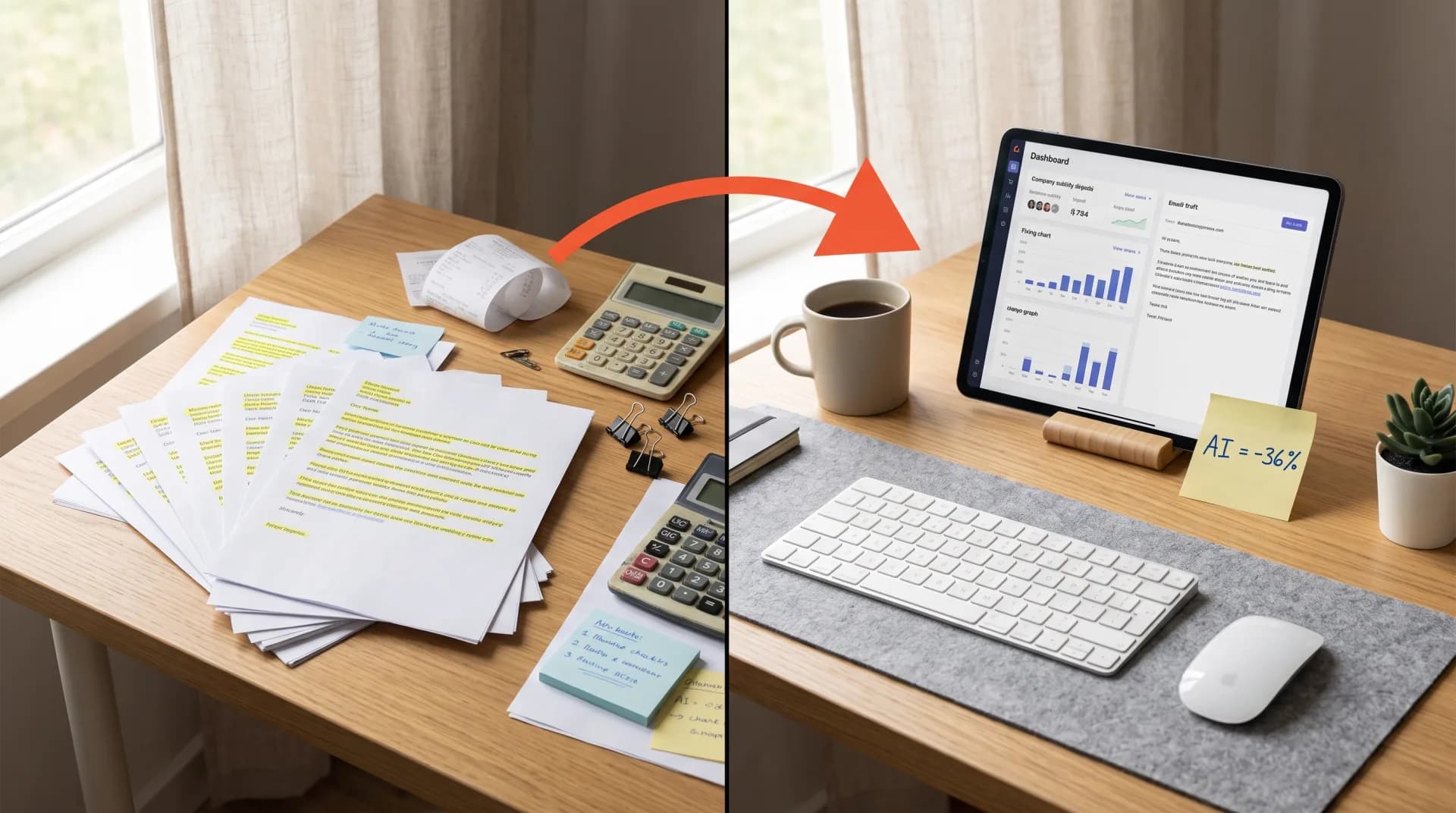 A desk split down the middle: on the left a fanned stack of printed cold emails with the same opening sentence highlighted in yellow on every copy, on the right a tablet showing company activity signals beside one short focused draft, with a handwritten sticky note reading AI = -36%