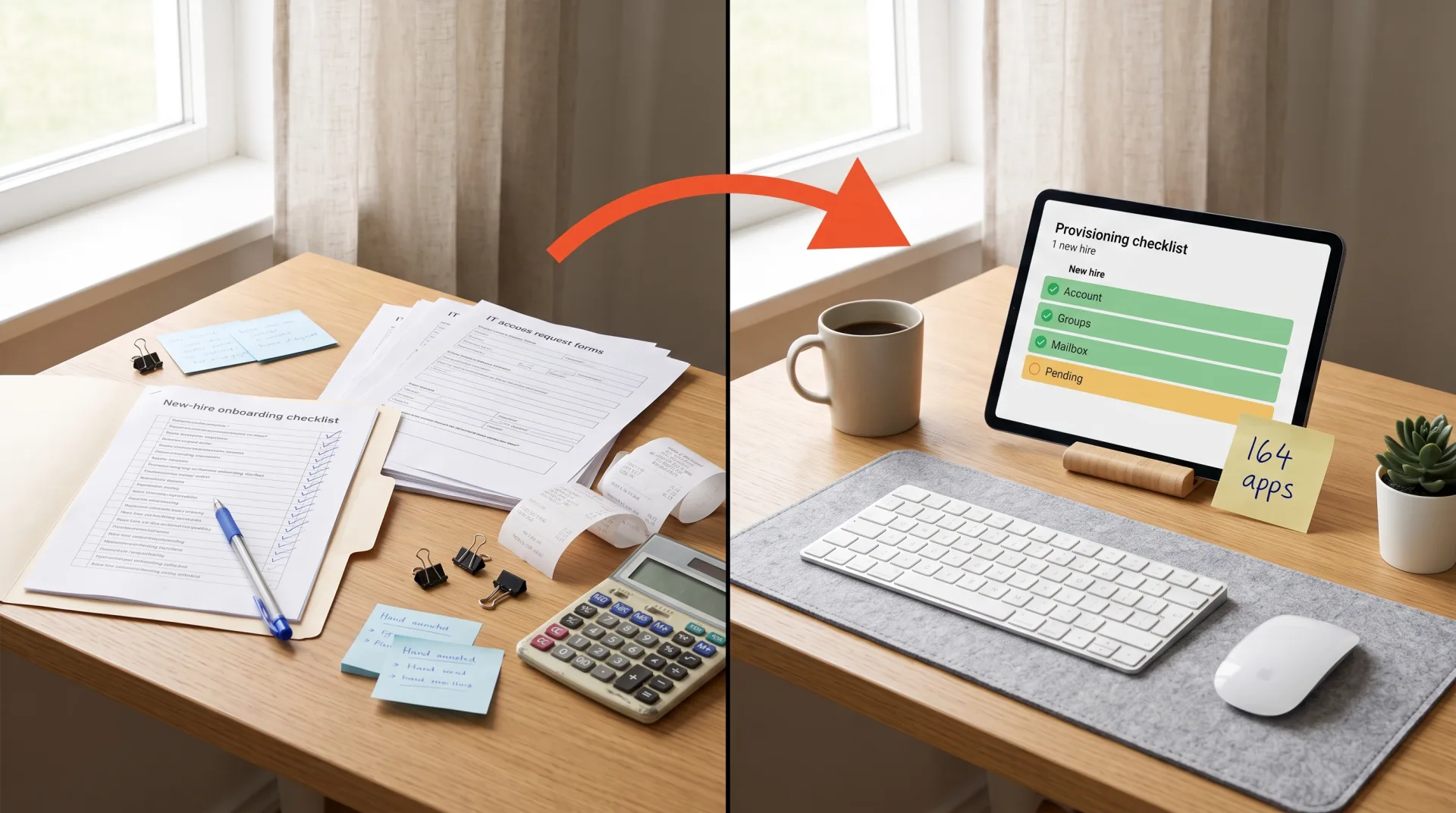 A desk split down the middle: a paper new-hire onboarding checklist and a folder of printed IT access request forms on the left, and on the right a tablet running employee onboarding automation as a provisioning checklist with account, groups and mailbox marked done and hardware still pending
