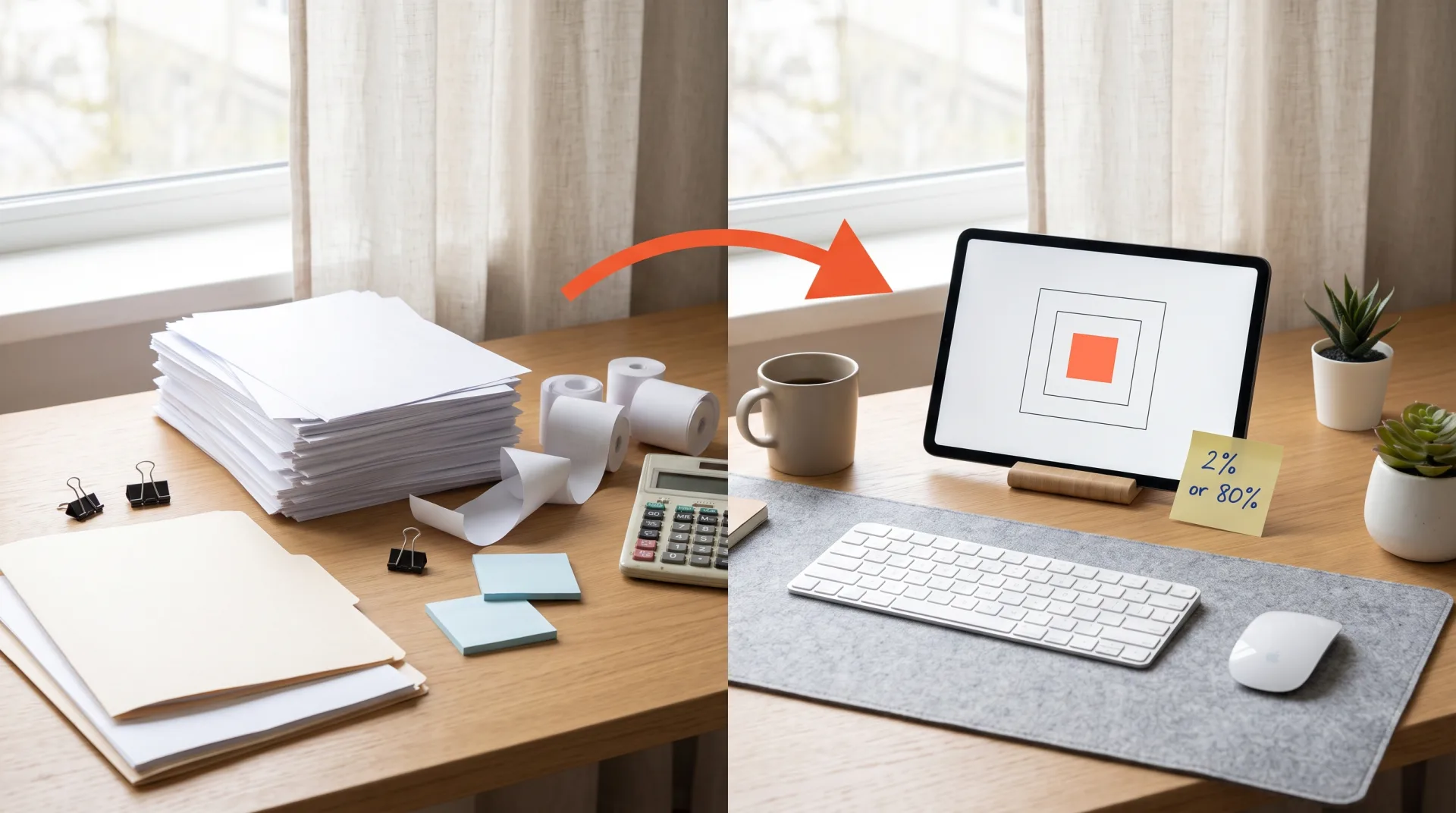 A desk split down the middle. On the left a stack of blank paper, manila folders and curled receipt rolls beside a calculator. On the right a tablet showing an AI agent security diagram of a coral square nested inside two larger squares, with a yellow sticky note reading 2% or 80% propped against it