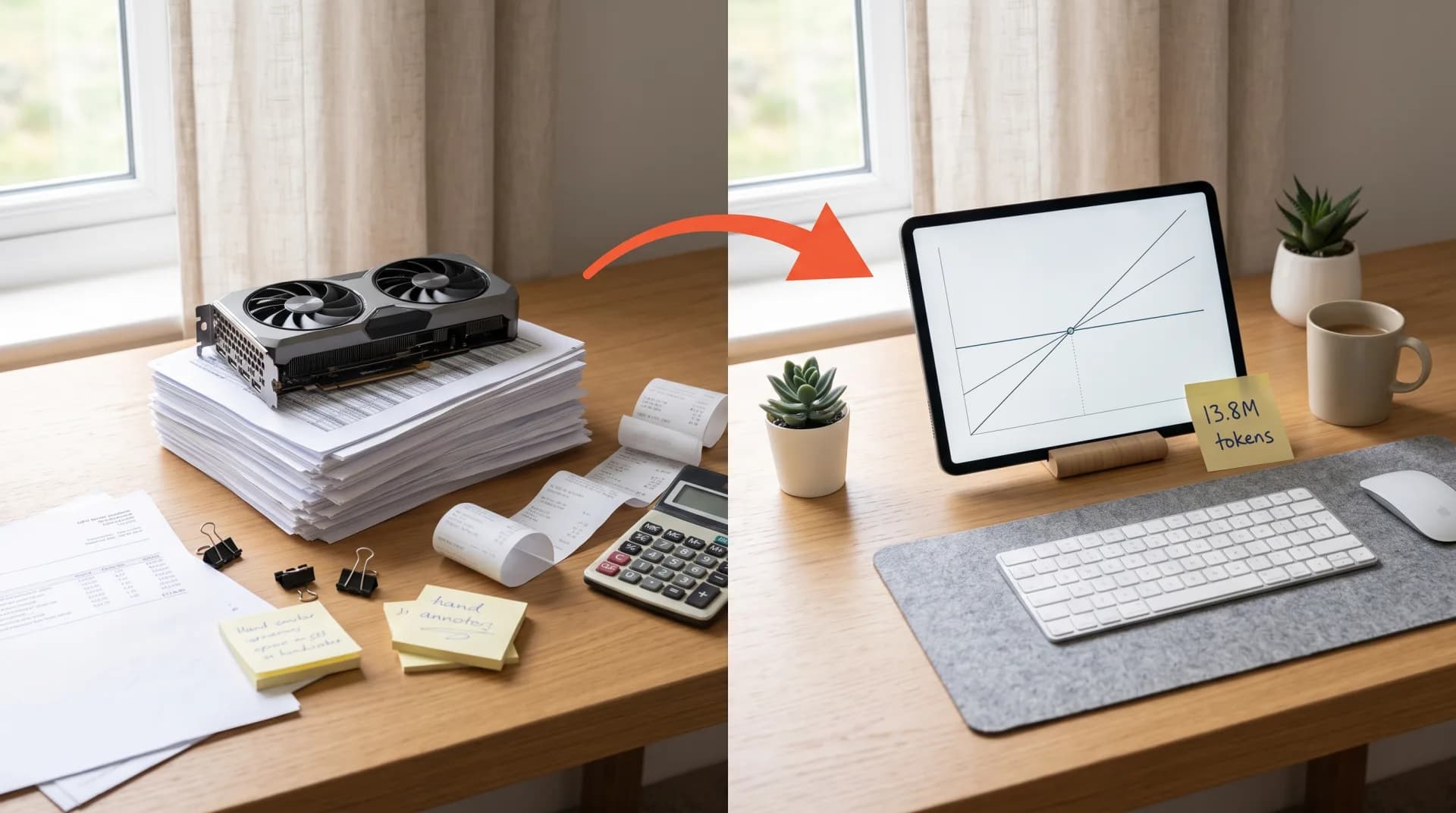 A desk split down the middle. On the left a graphics card sits on a thick stack of printed GPU server quotations beside a calculator and curled receipts. On the right a tablet shows a self-hosted AI break-even chart where a flat cost line crosses three rising price lines, with a yellow sticky note reading 13.8M tokens propped against it
