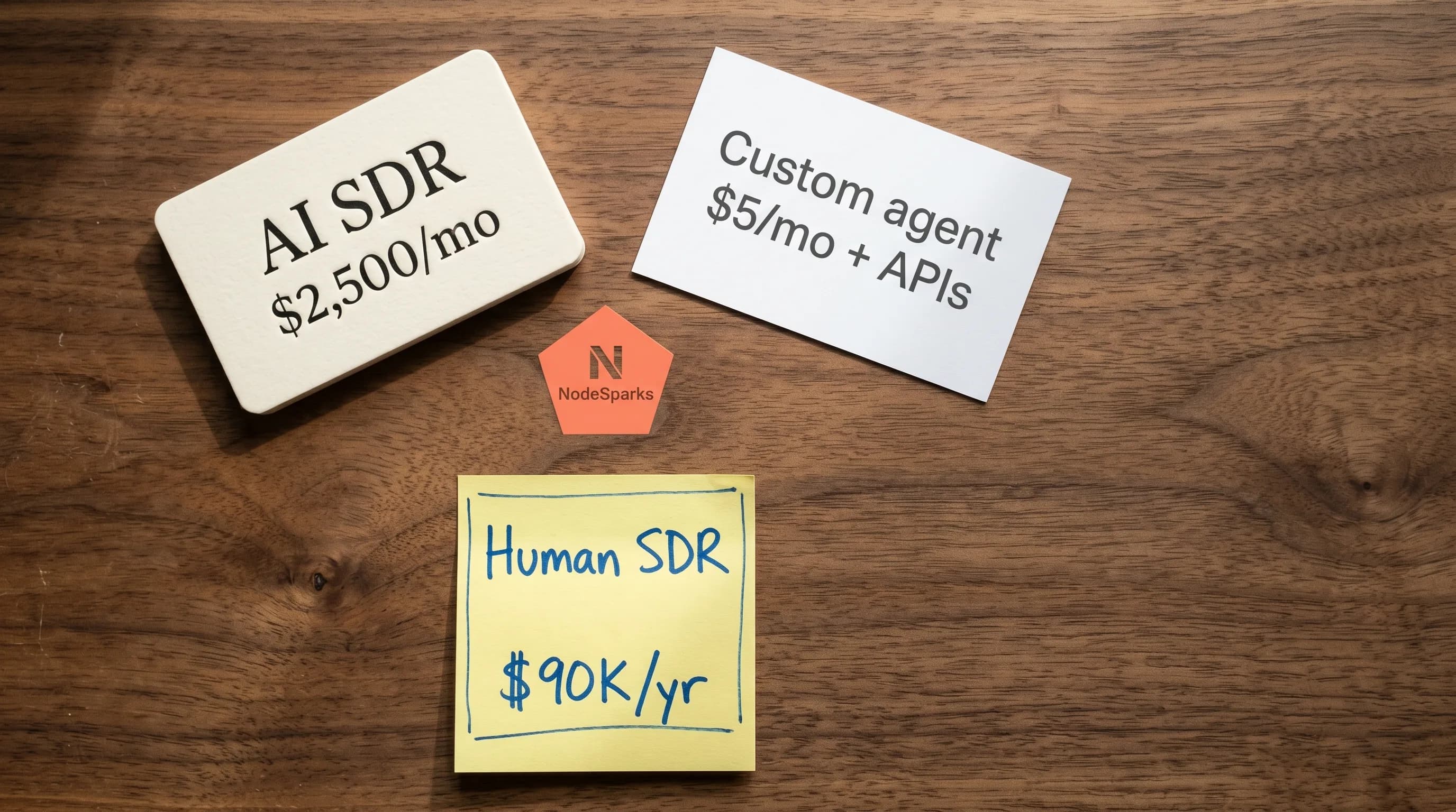 Overhead photograph of a small wooden office desk with three name cards arranged in a triangle: a fancy embossed business card labelled 'AI SDR — $2,500/mo', a plain printed card labelled 'Custom agent — $5/mo + APIs', and a hand-written sticky note labelled 'Human SDR — $90K/yr' — a small coral-orange pentagon stamp sits between them like a referee deciding which one fits
