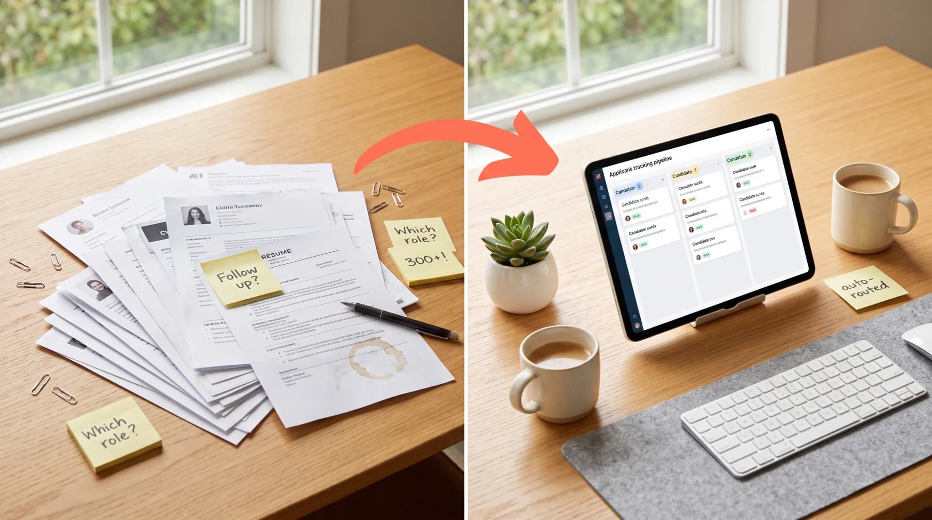 A candidate-routing agent sorting inbound applicant cards into labeled lanes for different roles and recruiters, replacing a manual resume pile