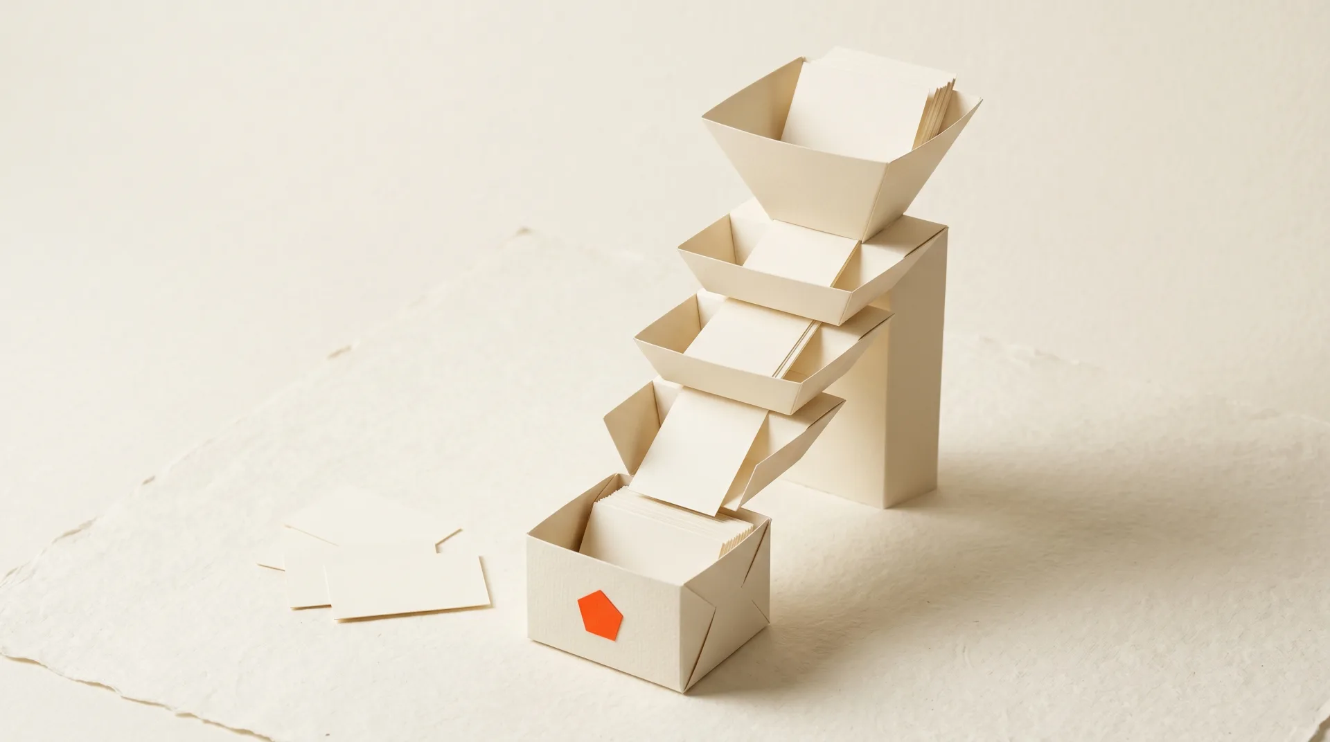 Paper-craft model of a layered enrichment pipeline feeding stacked data cards into a small owned database, on cream paper with an orange accent