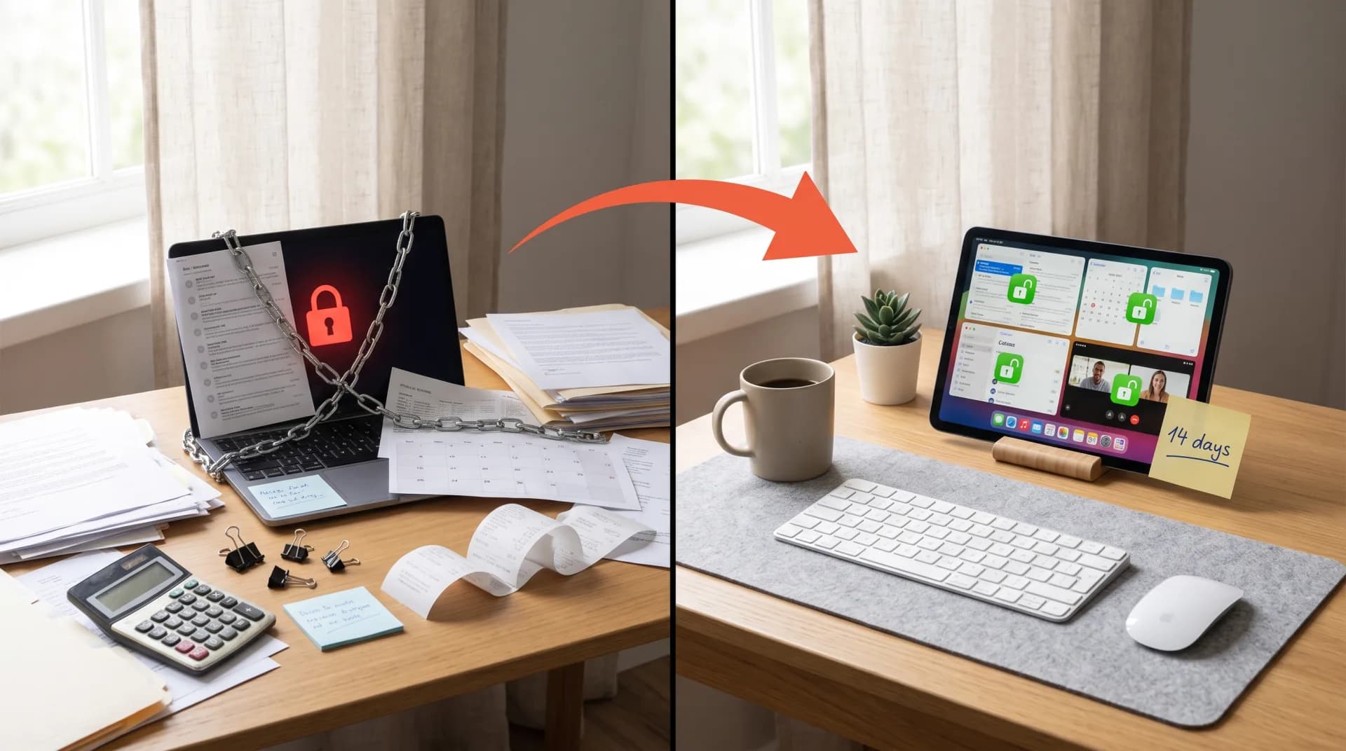 A cluttered desk with a laptop chained shut under a red padlock beside scattered papers, split from a tidy desk with a tablet showing separate unlocked mail, calendar, file and video apps, illustrating a Google Workspace alternative for EU companies