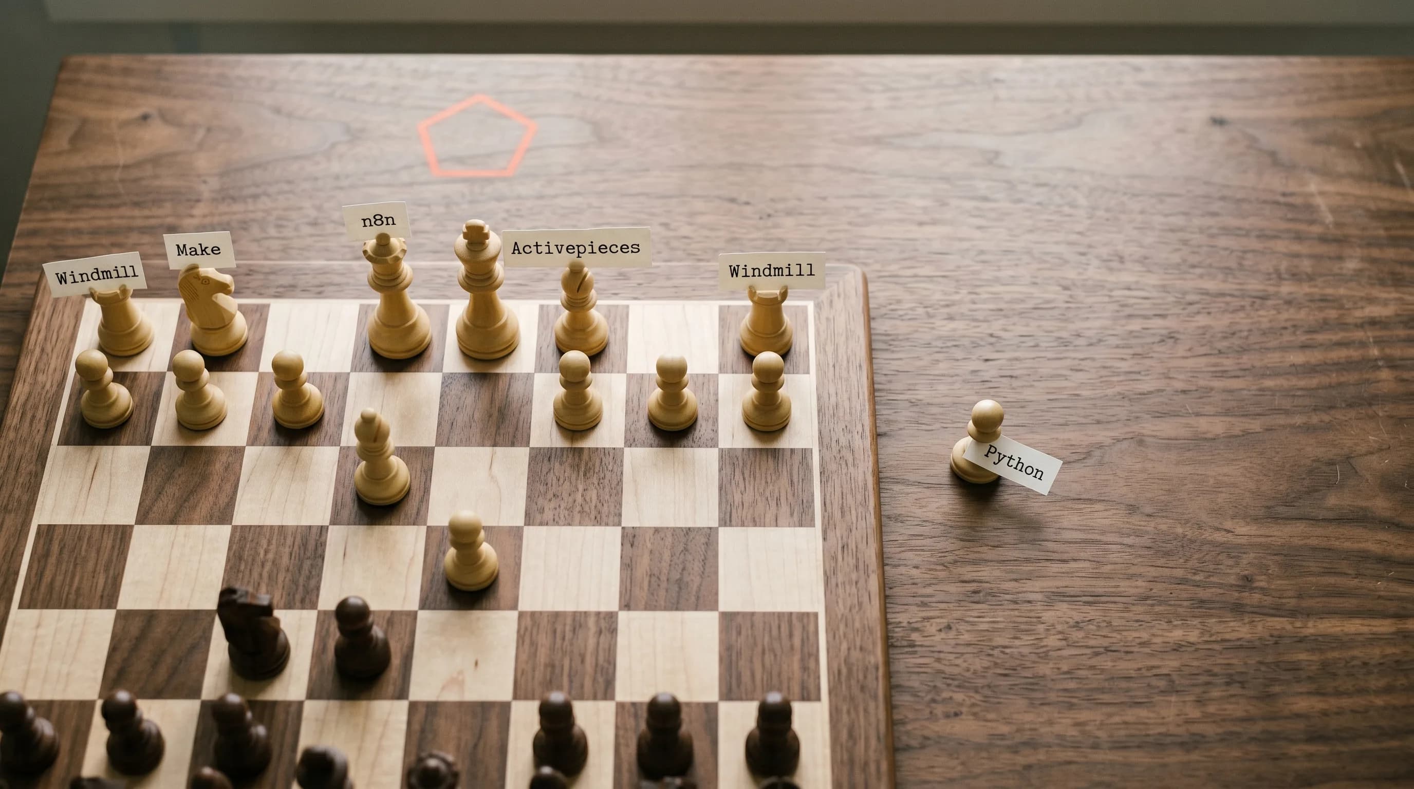 Overhead shot of a chess board with four visual-automation platform pieces — a tall queen labelled n8n, a knight labelled Make, a bishop labelled Activepieces, a rook labelled Windmill — and a small unassuming pawn labelled 'Python' standing on a square outside the board, suggesting the real winning move isn't on the visual-automation grid at all