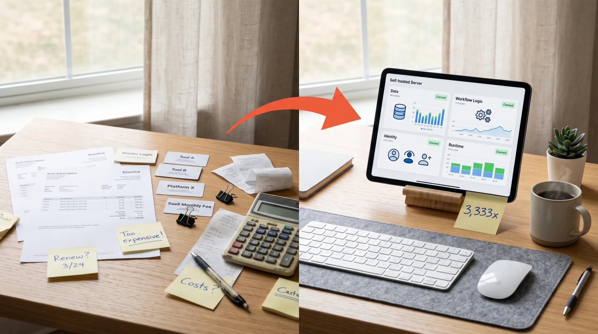 A cluttered desk of printed SaaS invoices and vendor login cards on the left facing a self-hosted server dashboard on a tablet marking the data, workflow logic, identity and runtime layers as owned