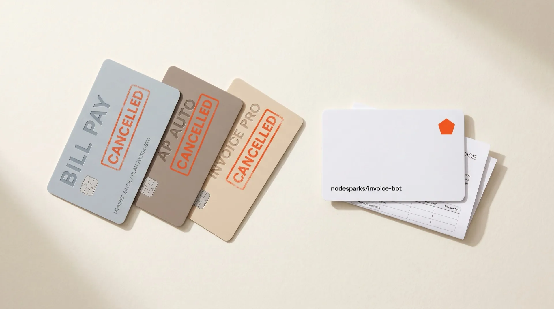 Overhead flat lay of three cancelled subscription cards next to a clean nodesparks/invoice-bot card with an orange pentagon, paper invoice on cream