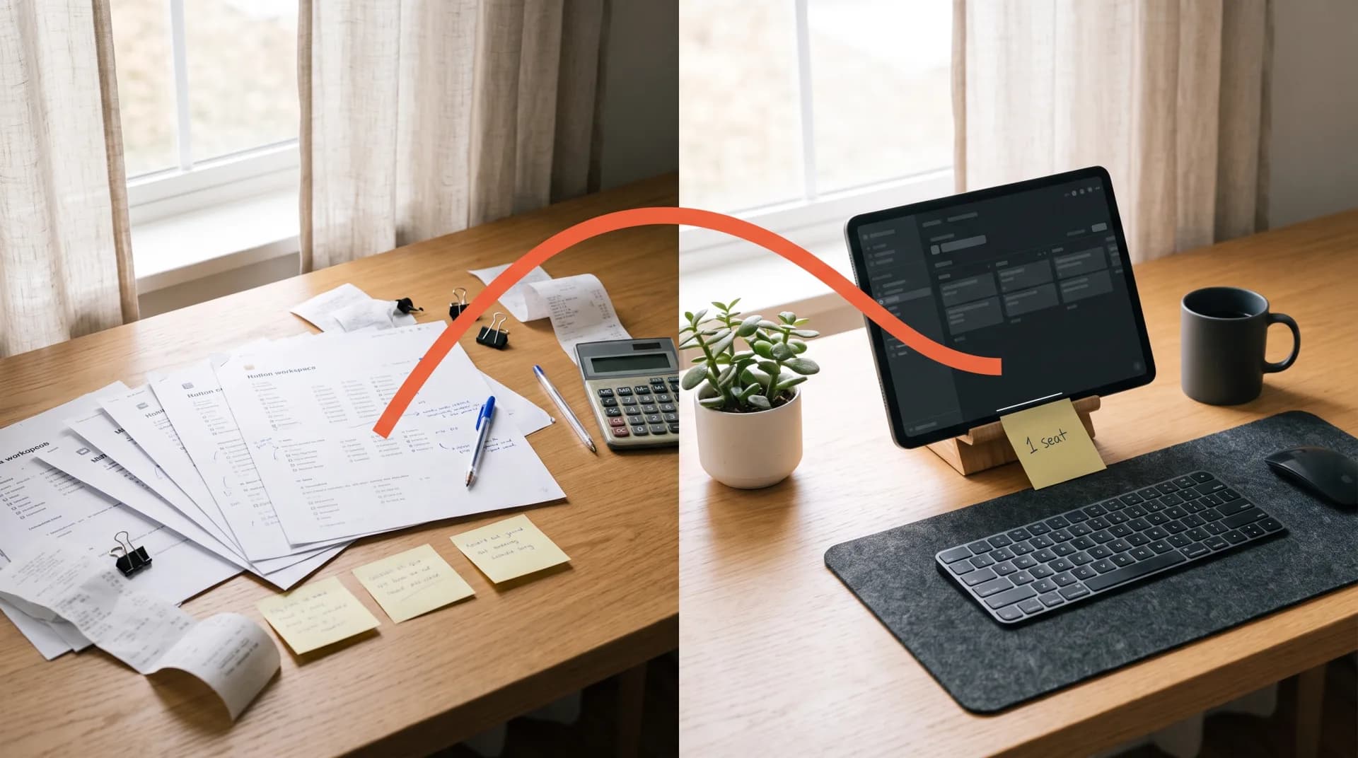 A desk split between a manual notion alternative export of printed pages and sticky notes on the left and a self-hosted wiki app on a tablet on the right, with a sticky note reading 1 seat