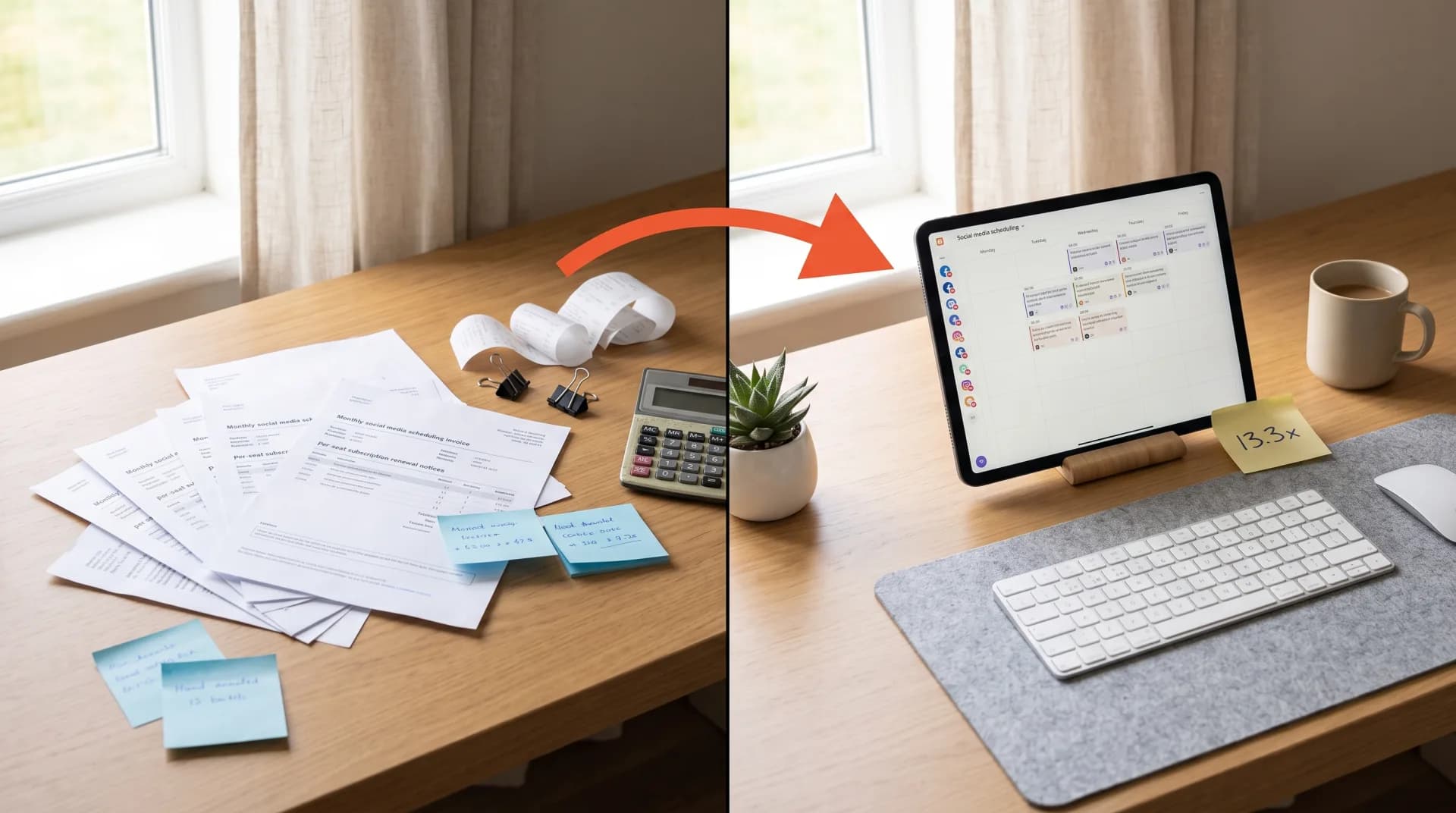 A desk split down the middle. On the left a fanned pile of printed monthly social media scheduling invoices and per-seat subscription renewal notices beside a calculator and a curled receipt. On the right a tablet running a self-hosted social media scheduler as a week-grid posting calendar with a connected-channel icon rail, a yellow sticky note reading 13.3x propped against it