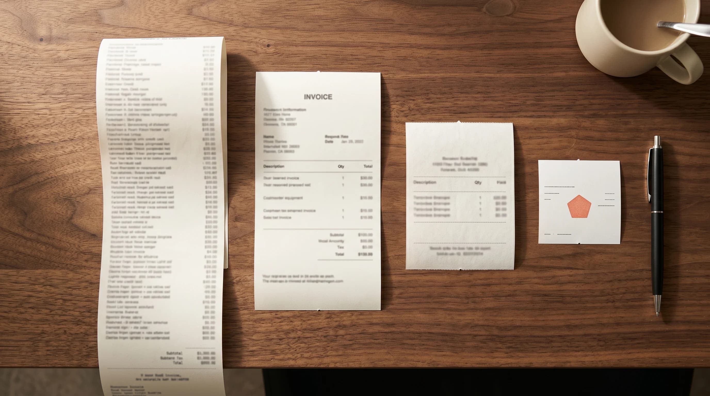 Overhead shot of a walnut desk with four paper invoices in a row, each dramatically shorter than the last — a long Zapier-style receipt scroll, a mid-size invoice, a short receipt, and a tiny card-sized slip stamped with a coral pentagon — visualizing the cost cascade from SaaS to custom code